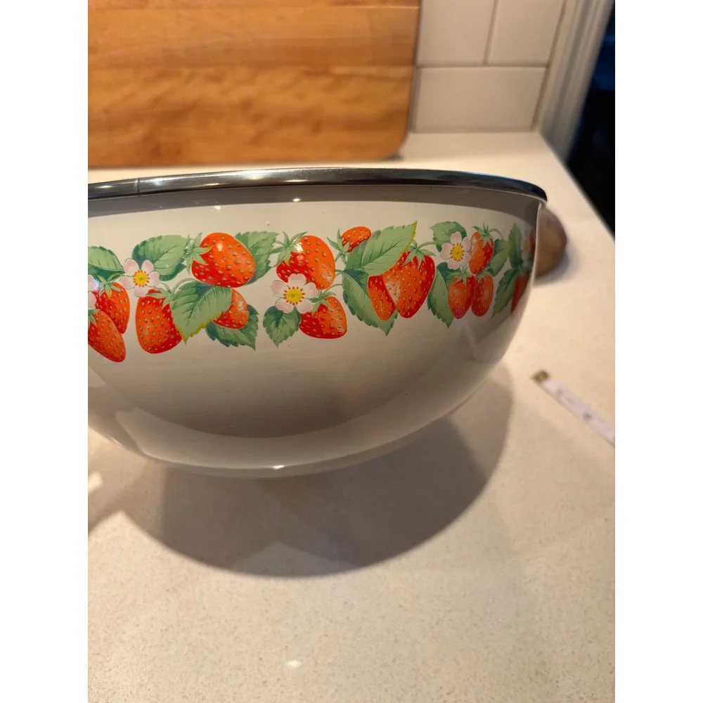 Vintage Kobe Kitchen Enamel Strawberry Nesting Mixing Bowls Set of 3 Japan
